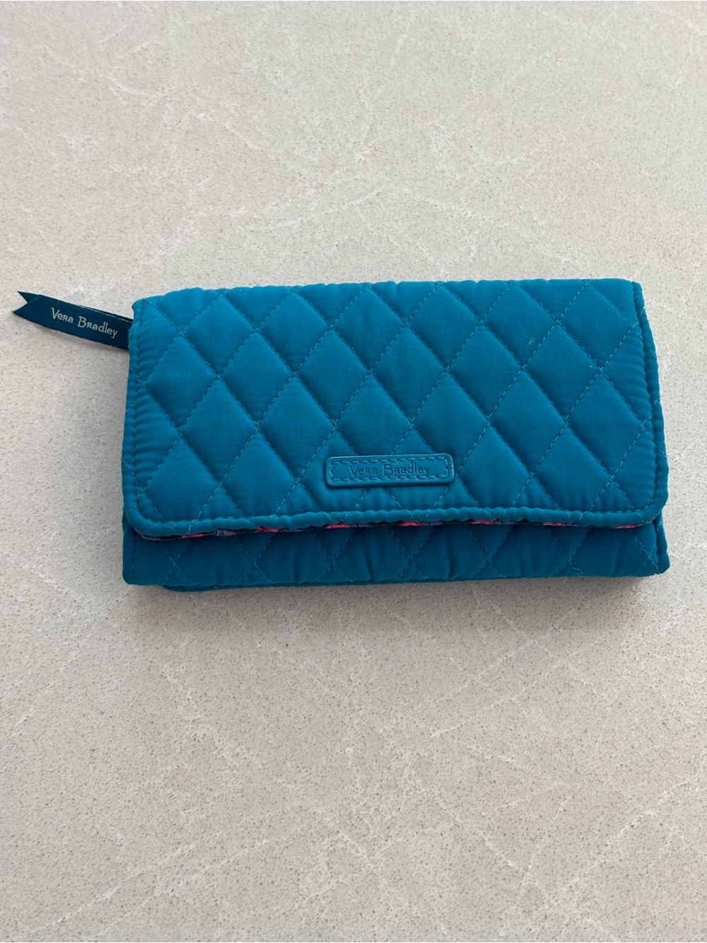 Vera Bradley Bahama Bay Teal Quilted Microfiber Trimmed Wristlet Wallet RFID